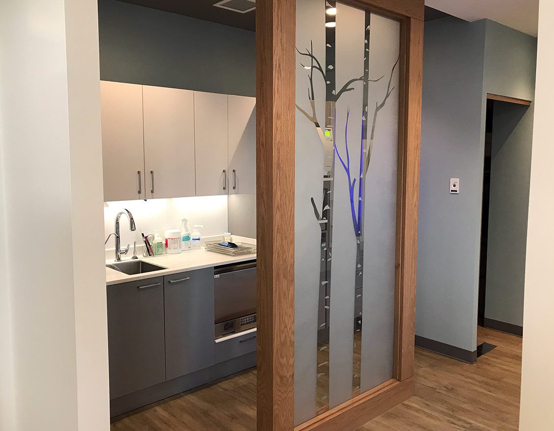 Decorative window glass film in commercial space.
